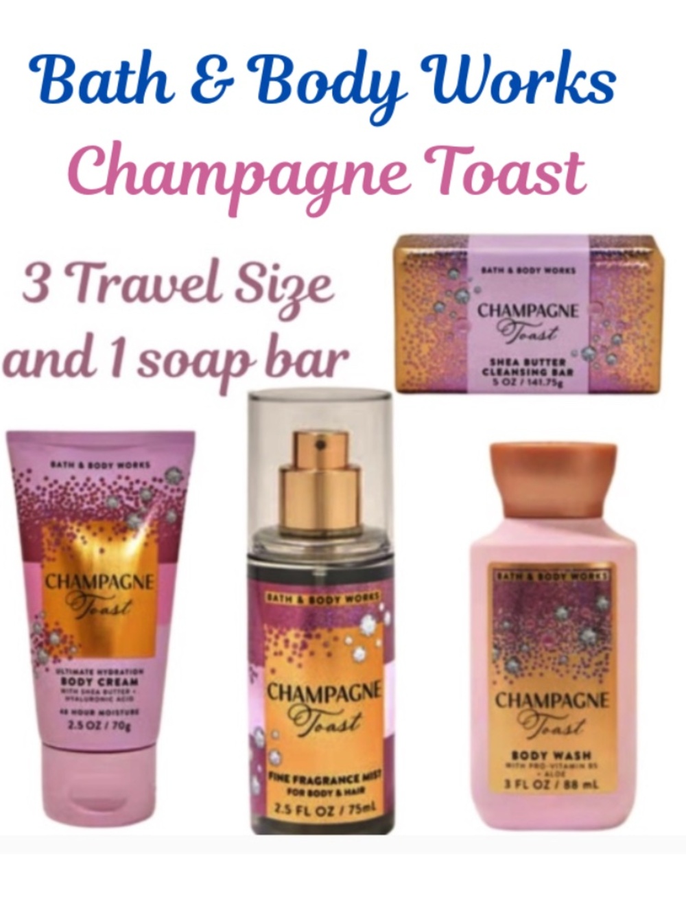 Champagne Toast Set of Four Brand New - 3 Travel Size and 1 full size soap bar